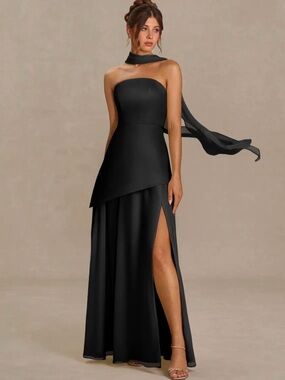 Strapless 2PC Black Evening Gown with Side Slit Size 4.